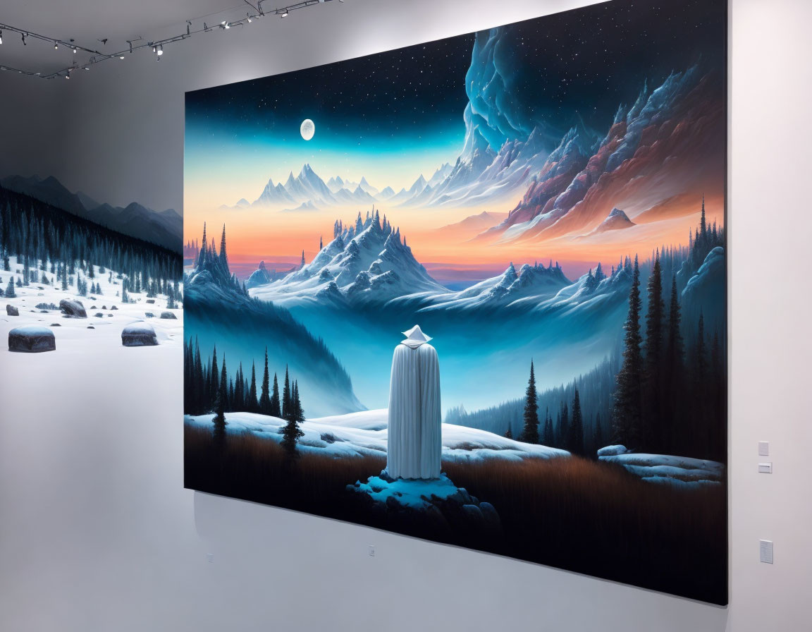 Large Painting of Cloaked Figure in Mystical Landscape