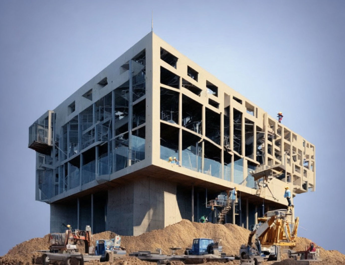 Modern Building Construction with Steel Beams and Glass Windows