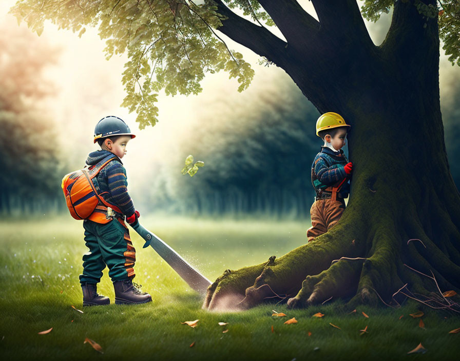 Children in construction worker costumes playing with toy tools in lush forest.