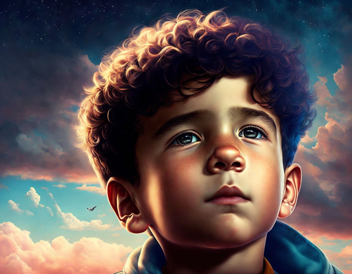 Curly-Haired Boy Looking Up at Starry Dusk Sky