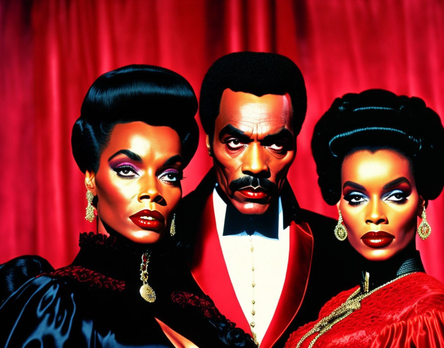 Three individuals with dramatic makeup and retro hairstyles in opulent black and red attire on red backdrop