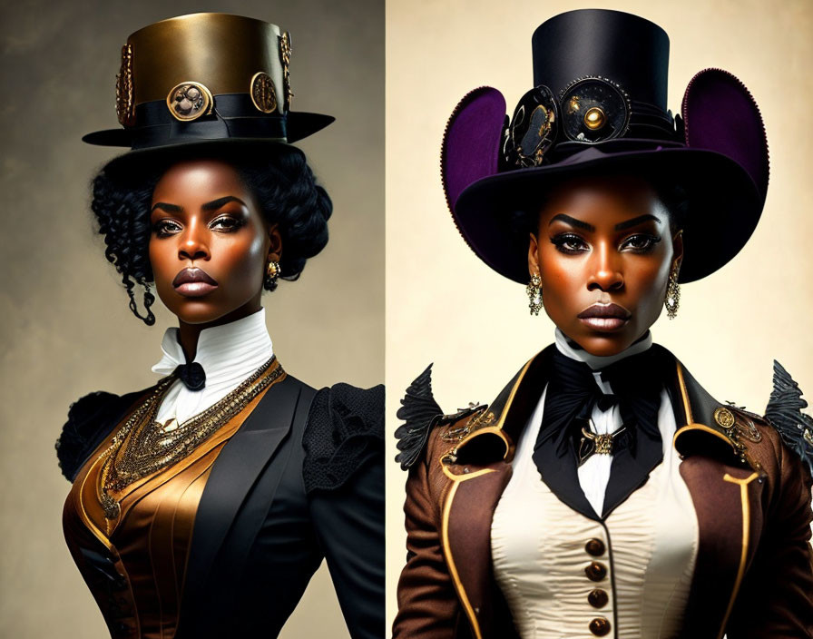 Steampunk-inspired woman portraits with ornate hats and Victorian-industrial fusion.