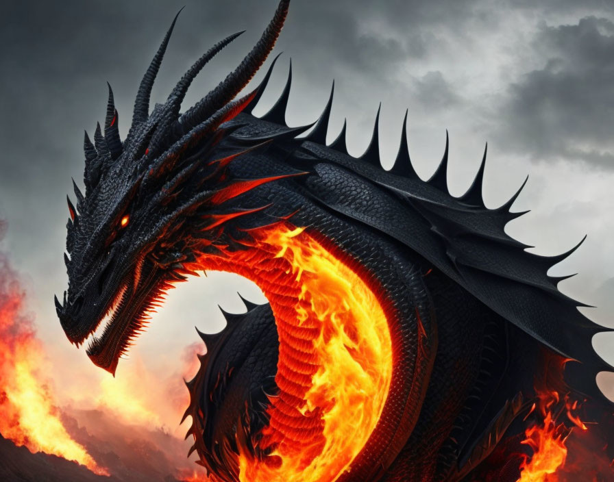 Black Dragon Breathing Fire in Stormy Sky