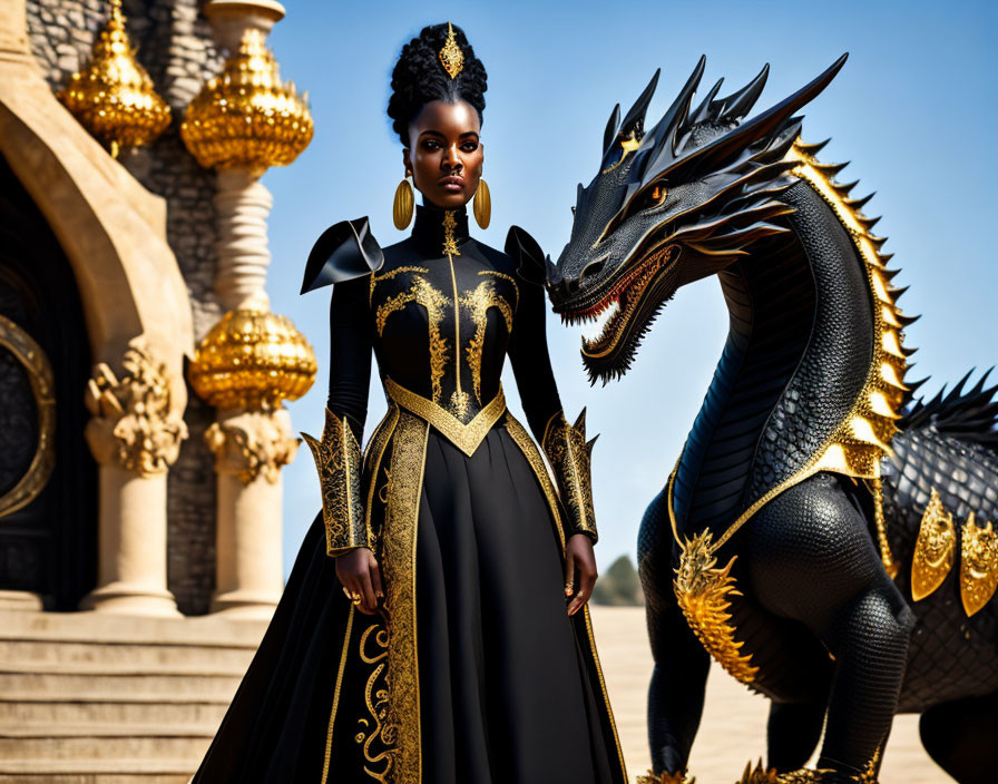 Majestic woman in black and gold dress with imposing black dragon