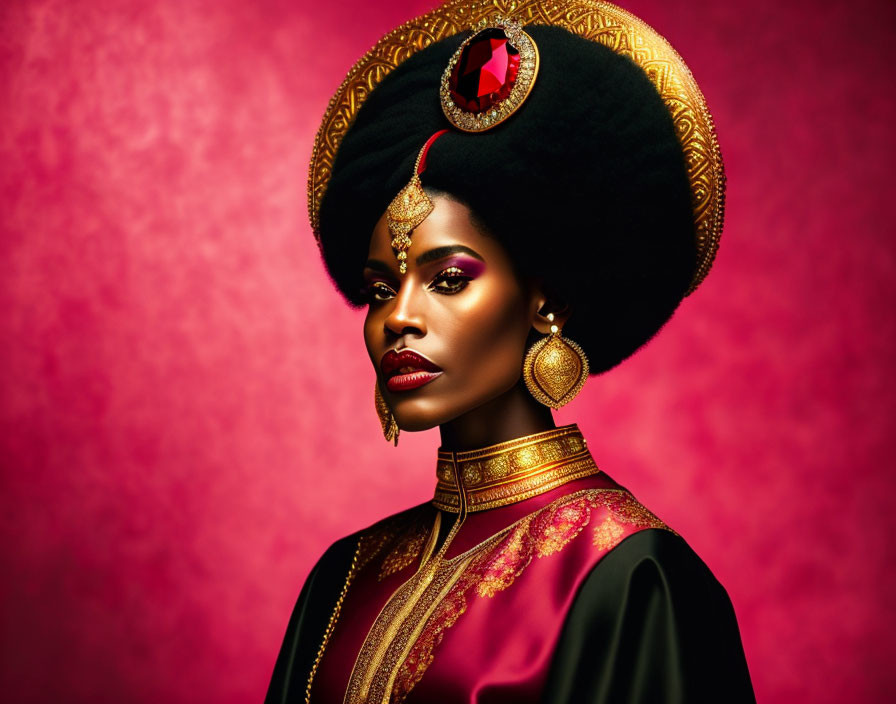 Regal woman in ornate attire with headdress and gold jewelry on red background