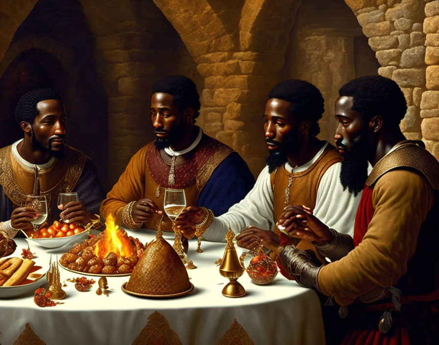 Medieval feast with five men in historical attire