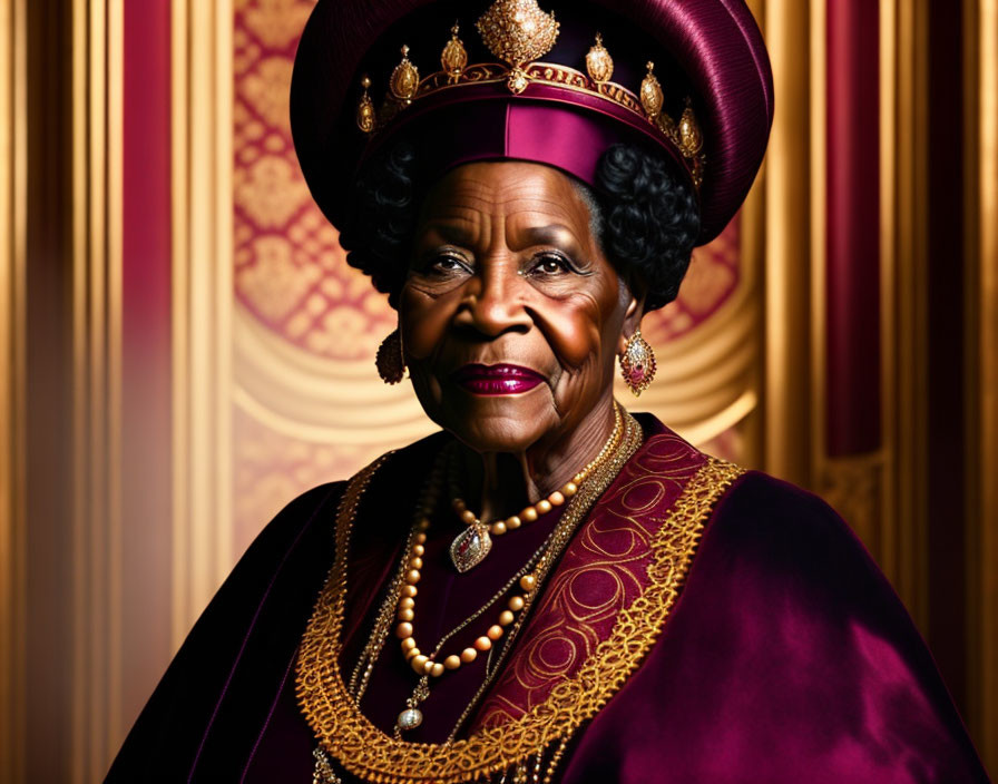 Sophisticated elderly woman in royal purple attire and pearls on opulent red and gold backdrop