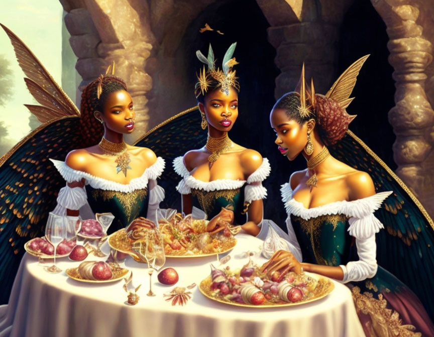 Elegantly dressed women at banquet table in castle setting