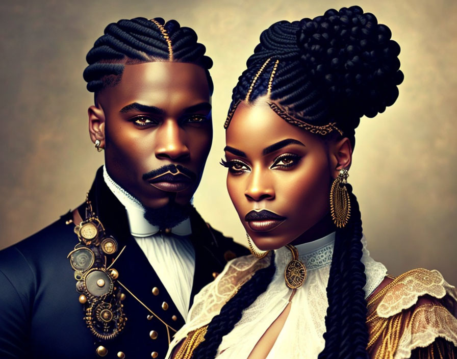 Regal couple illustration with intricate hairstyles and vintage clothing