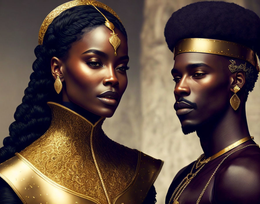 Regal couple with gold accessories and elegant hairstyles.