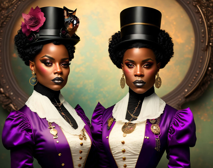 Two women in Victorian attire with top hats, one with a cat, on vintage backdrop.