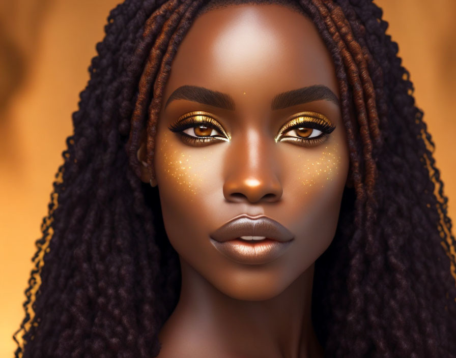 Digital portrait: Woman with braided hair and golden eyeshadow.