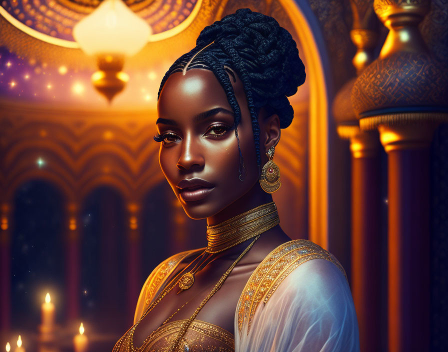 Regal woman with intricate braids and golden jewelry in ornate chamber