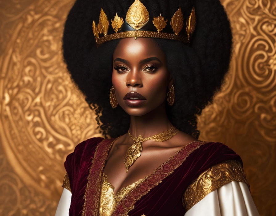 Regal woman in golden crown and velvet gown on patterned backdrop