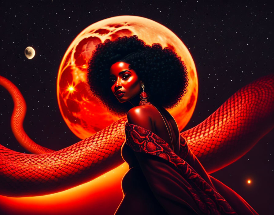 Illustration of woman with afro hairstyle in cosmic scene with red planet and serpentine forms