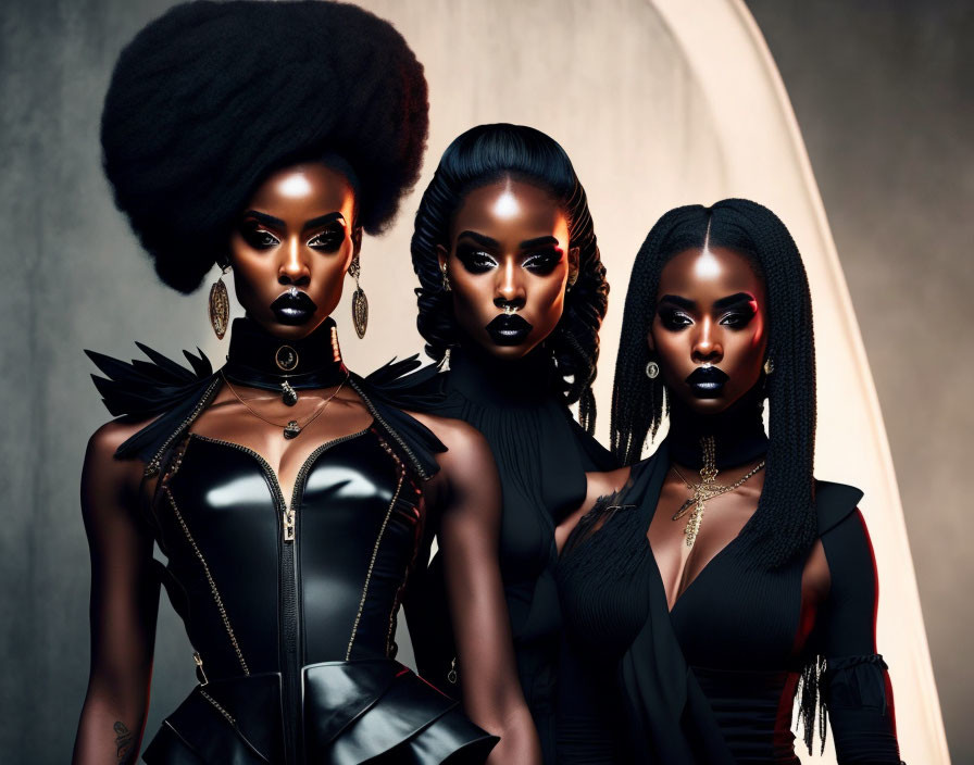 Bold Makeup & Fashion: Three Women with Unique Hairstyles in Leather & Black Attire