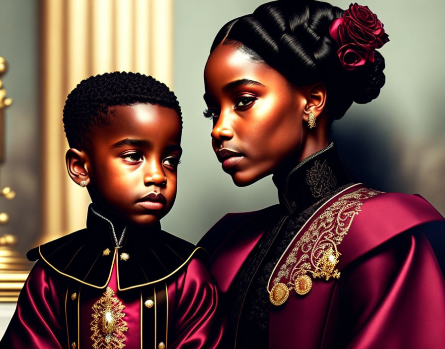 Regal woman and boy in matching attire with rose, luxurious backdrop.