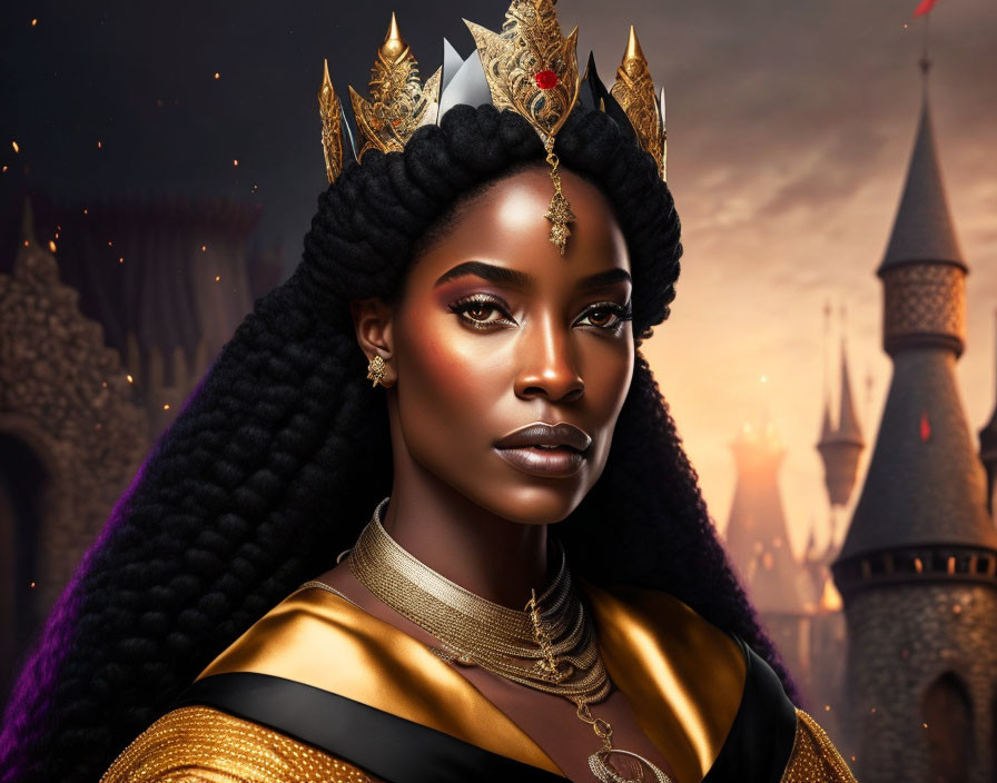 Regal woman in black and gold outfit with golden crown in fantasy castle setting