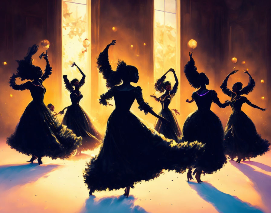 Five dancers in flowing dresses and feathered headdresses twirling elegantly in golden sunlight