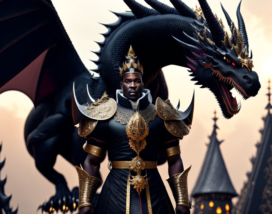 Majestic warrior in black and gold armor faces dragon amid spiky towers