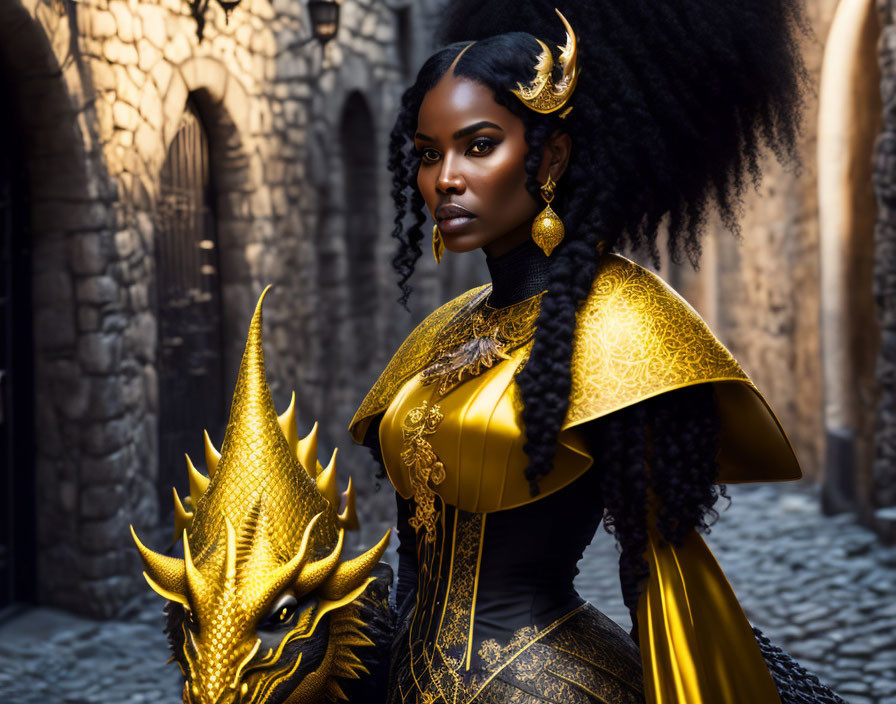 Elaborate gold and black dragon-themed costume against stone wall.