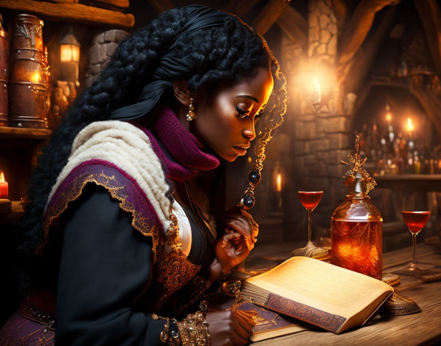 Woman with braided hair reading book in candlelit medieval room