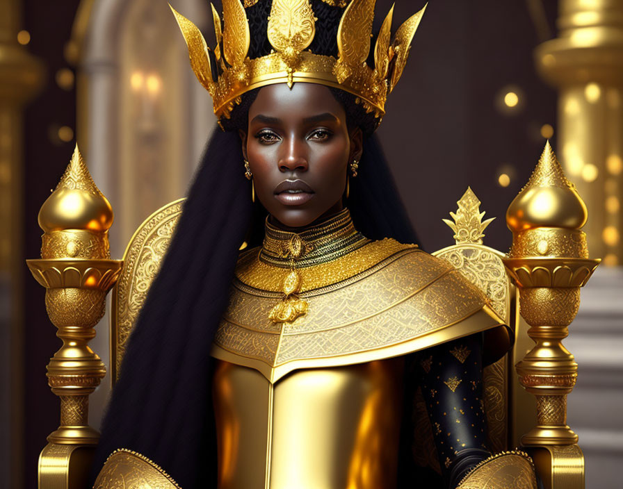 Regal woman in golden crown and armor with ornate backdrop.