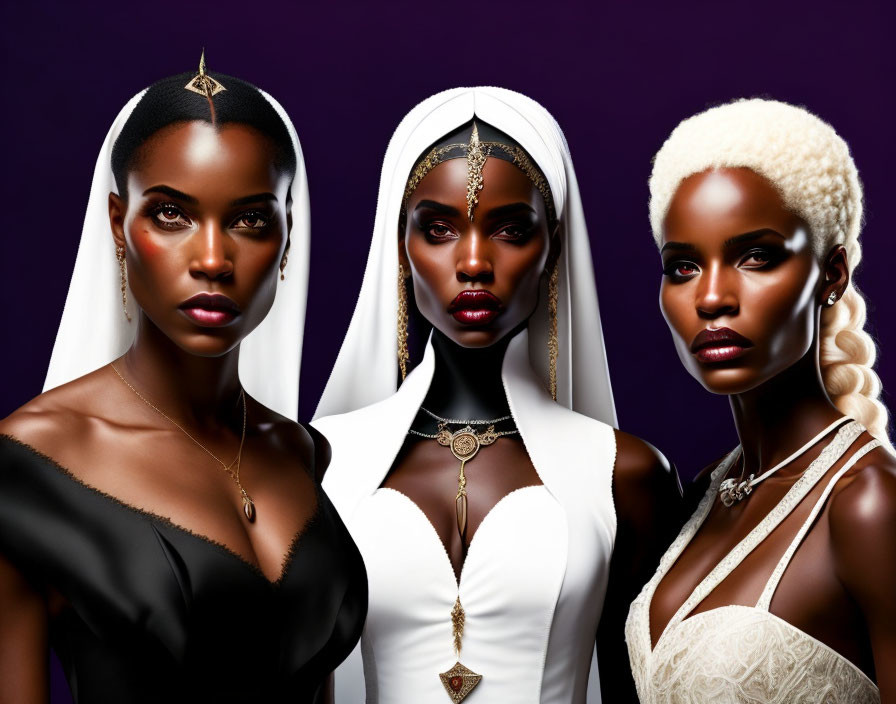 Three Dark-Skinned Women in Elegant Attire on Purple Background