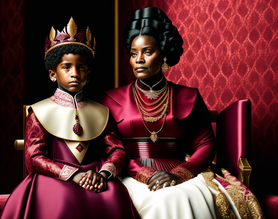 Regal woman and young boy in royal attire with crowns against red backdrop