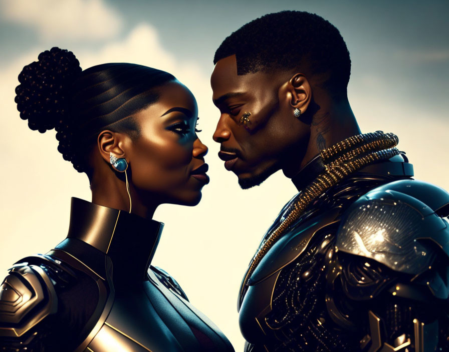 Futuristic armor-clad figures in intimate moment against golden sky