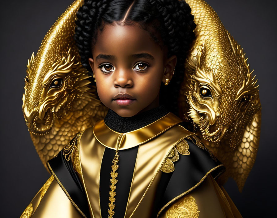 Young girl in braided hair wearing black and gold dragon-themed costume