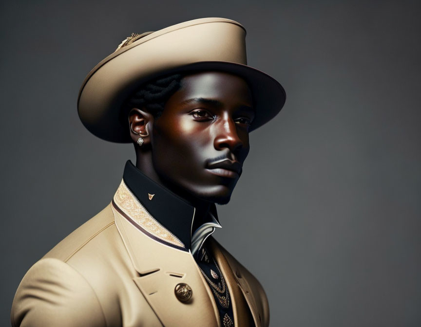 Elegant man in beige jacket and wide-brimmed hat on grey background