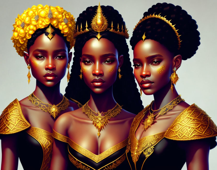 Illustrated African women in gold jewelry and headdresses on neutral backdrop