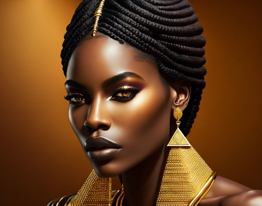 Elaborate Braided Hair and Striking Makeup Portrait with Gold Jewelry