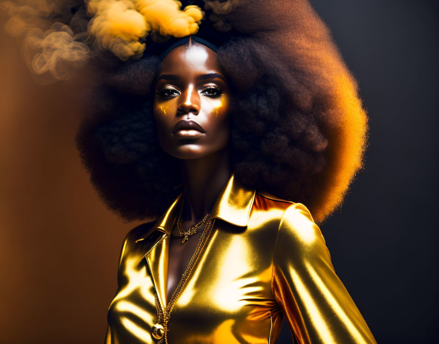 Striking makeup and voluminous afro hair in elegant pose with yellow smoke