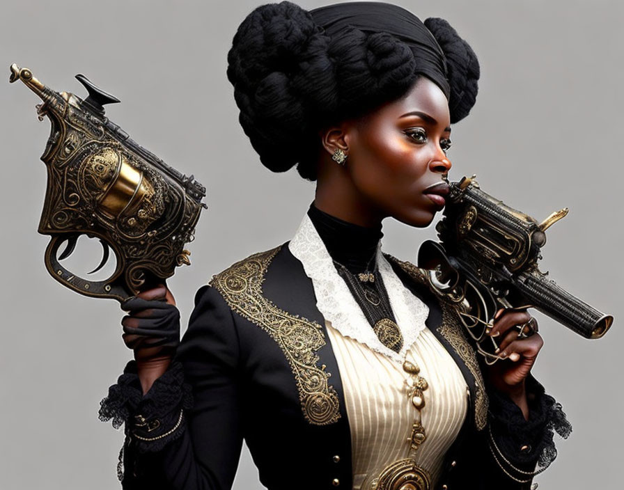 Victorian-inspired woman with steampunk revolver showcasing elegance and strength