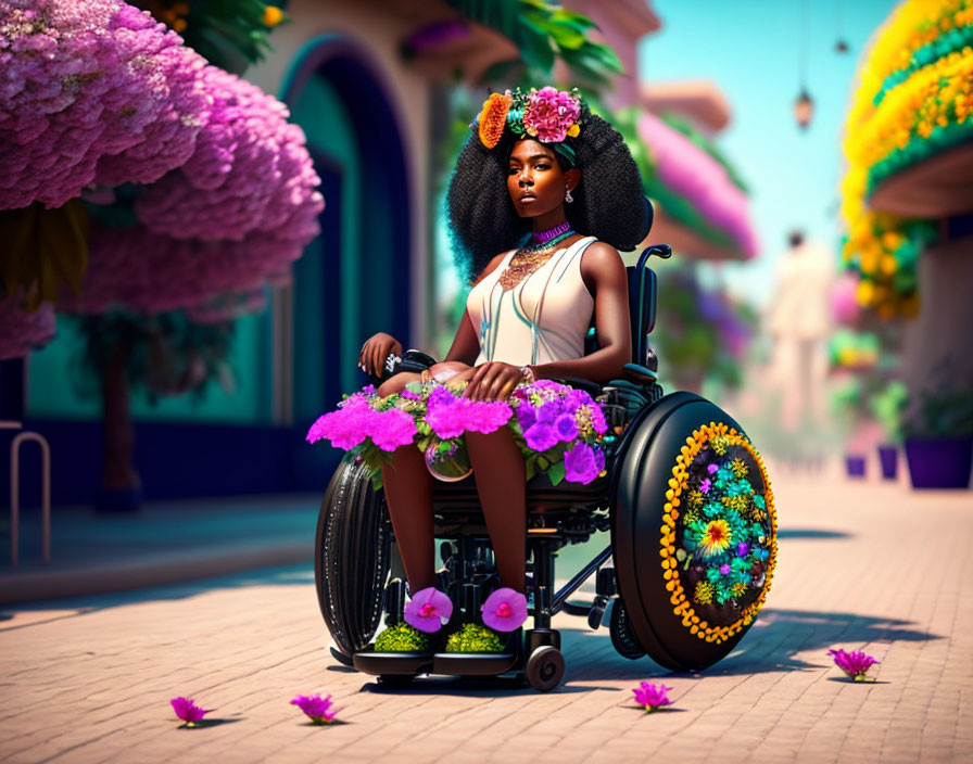 Decorated wheelchair with vibrant flowers on colorful street