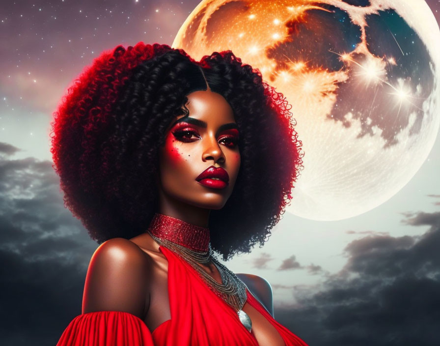 Woman with Voluminous Curly Hair and Striking Makeup in Cosmic Setting