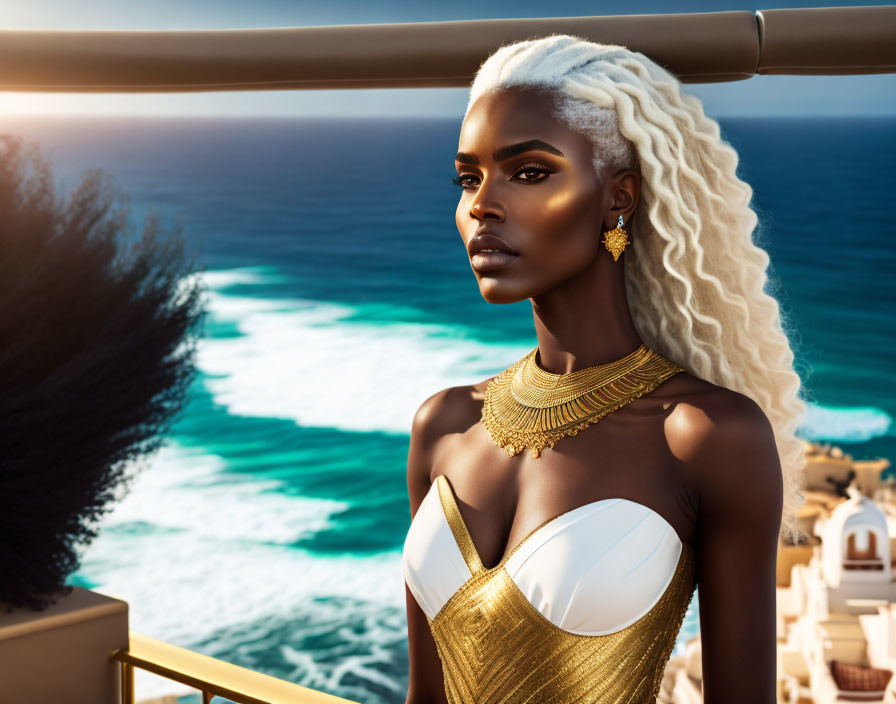 Woman with Striking Makeup and Blonde Hair in Gold Jewelry by the Sea