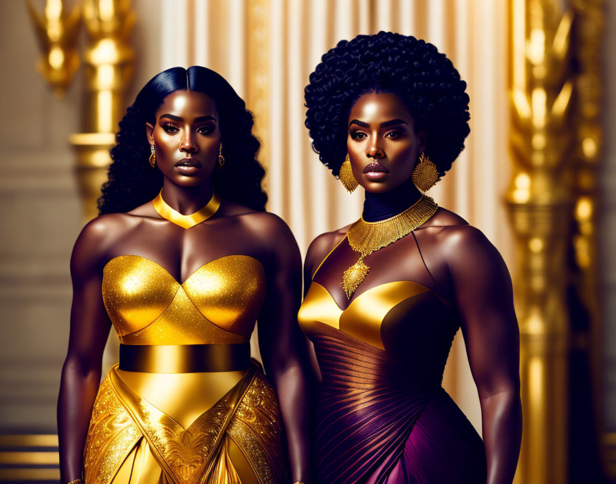 Two women in gold and purple gowns with intricate hairstyles in a room with golden pillars.