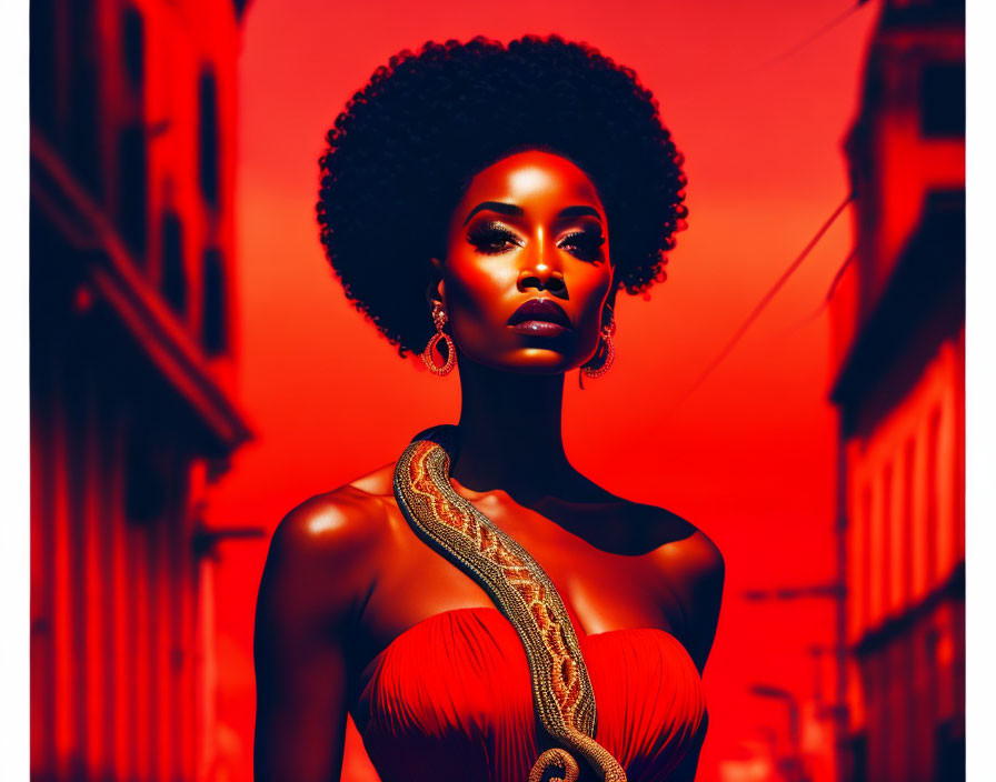 Prominent Afro Woman in Red Dress with Snake on Shoulder