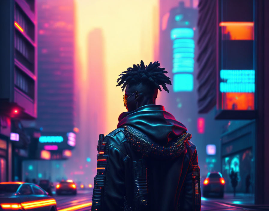 Person with dreadlocks in studded jacket on neon-lit city street at dusk