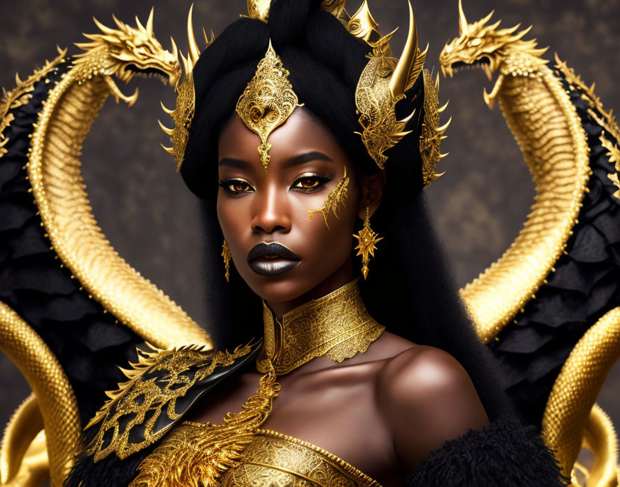 Regal woman with golden headpiece and jewelry in black and gold garments