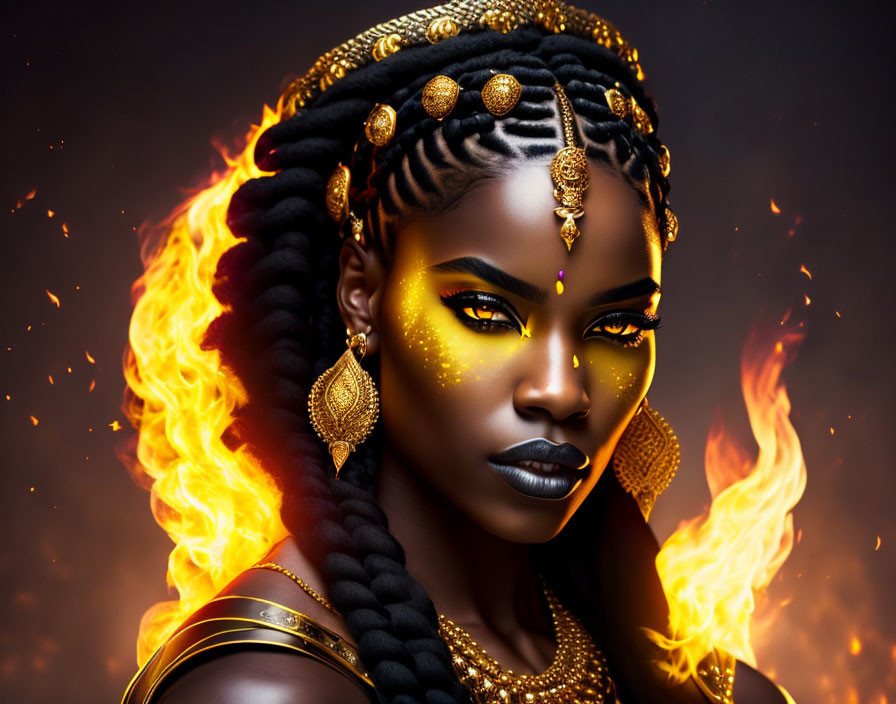 Elaborate Braided Hair Woman with Gold Makeup and Flames