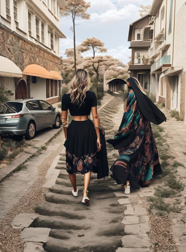 Two women walking in alley with cobblestones, one in black outfit, the other in colorful attire