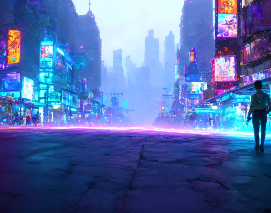 Futuristic city street with neon signs and atmospheric sky