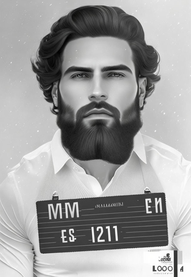 Monochrome drawing of bearded man in shirt with license plate design