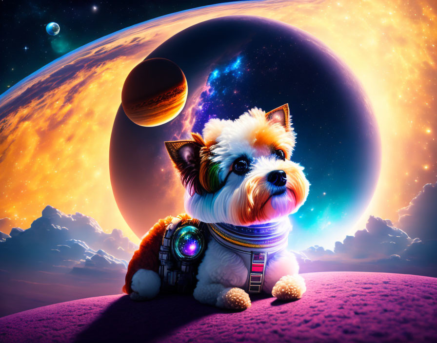 Small Dog in Futuristic Harness on Alien Purple Landscape with Celestial Bodies