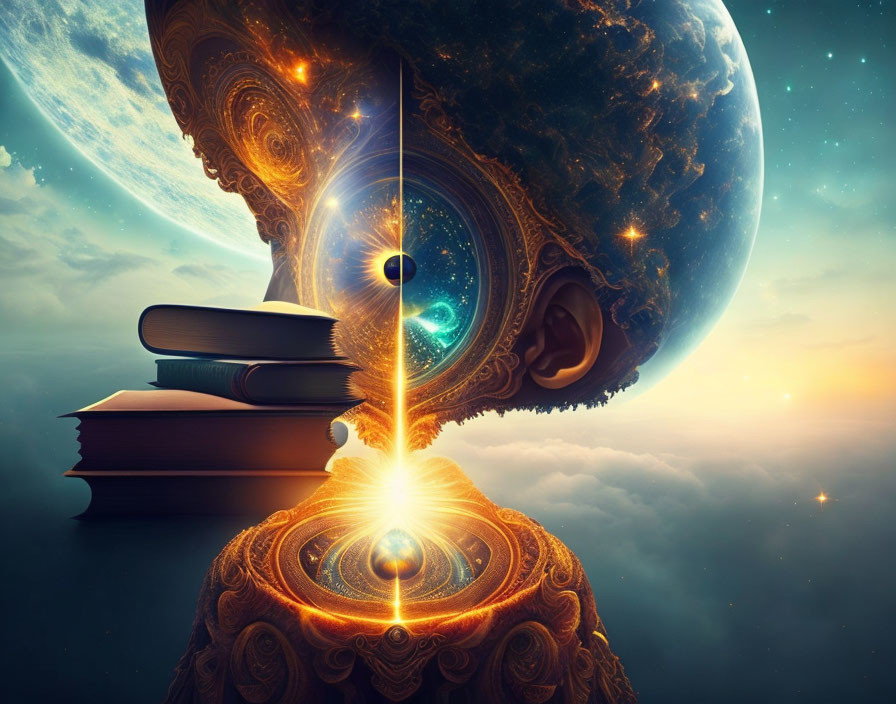 Surreal image of books, light beam, floating landmass, fractals, celestial background