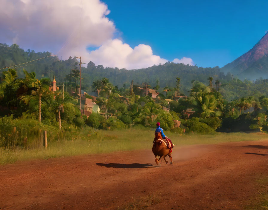 Person on horseback riding dusty trail with lush greenery and mountains under hazy blue sky